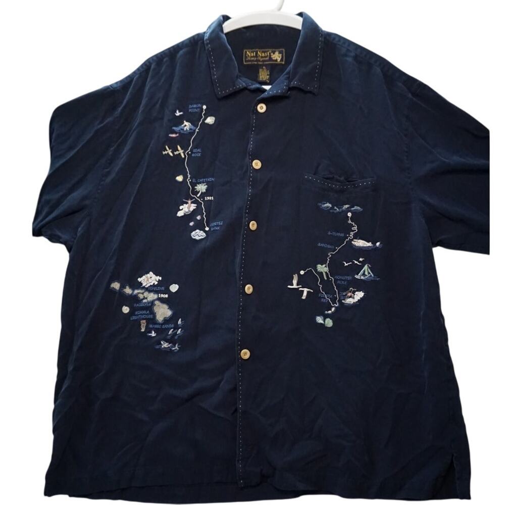 Nat Nast 100% silk short sleeve shirt XL navy embroidered button down